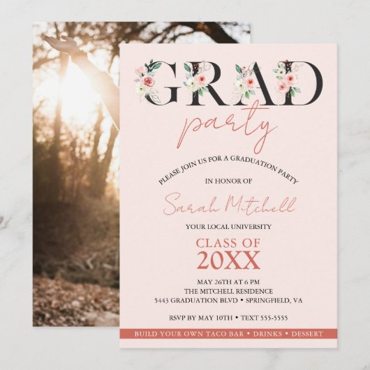 Girly Graduation Party Blush Roze Bloemen Kaart (Voorkant / Achterkant)