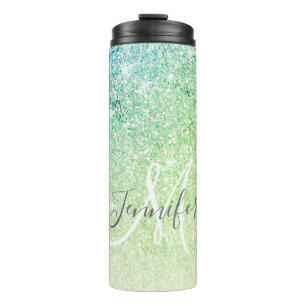 Girly Green Blue Glitter Blush Monogram Name Thermosbeker