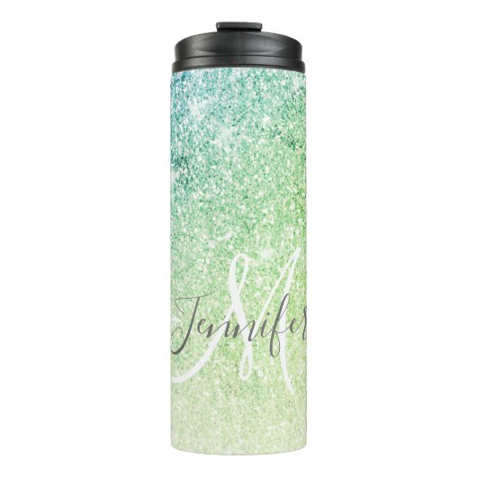 Girly Green Blue Glitter Blush Monogram Name Thermosbeker (Voorkant)