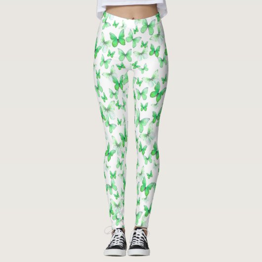 Girly green butterfly whimsical patterned leggings (Voorkant)