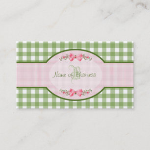 Girly Green Gingham Monogram Country Pink Ribbon Visitekaartje