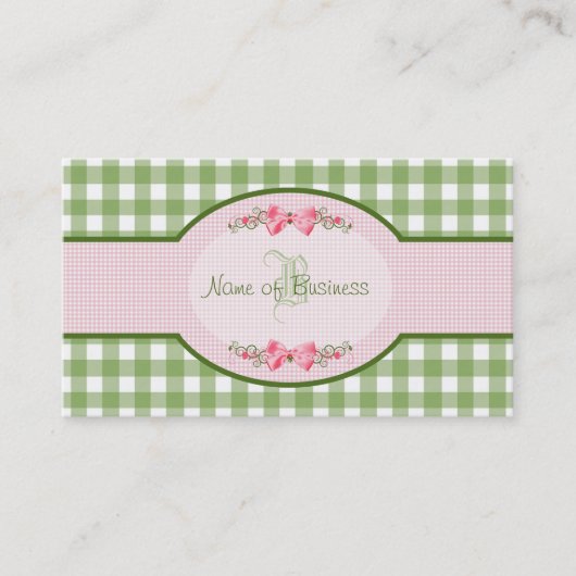Girly Green Gingham Monogram Country Pink Ribbon Visitekaartje (Voorkant)