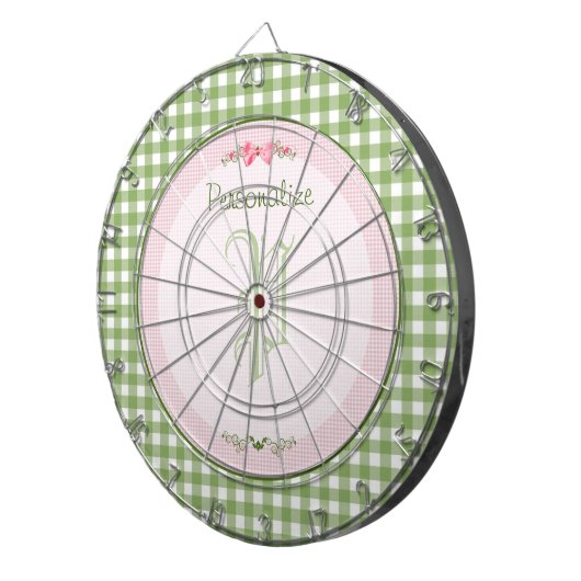 Girly Green Gingham Monogram met naam Dartbord (Voorkant Rechts)