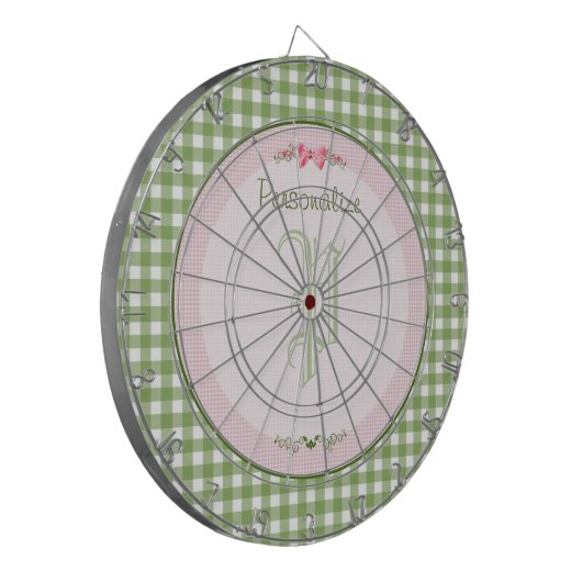 Girly Green Gingham Monogram met naam Dartbord (Voorkant Links)