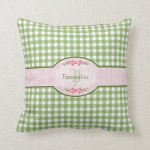 Girly Green Gingham Monogram met naam Kussen