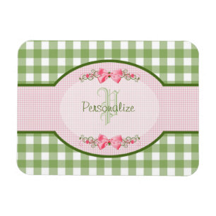 Girly Green Gingham Monogram met naam Magneet