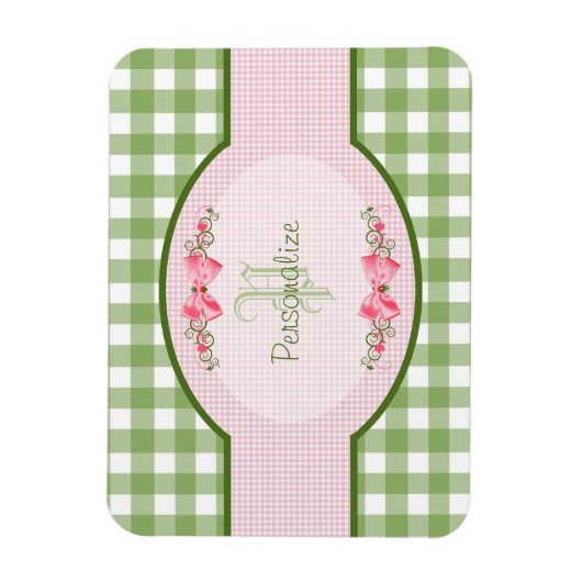 Girly Green Gingham Monogram met naam Magneet (Verticaal)