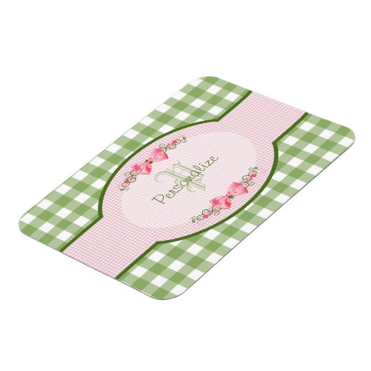 Girly Green Gingham Monogram met naam Magneet (Linkerzijde)