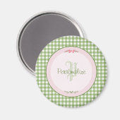 Girly Green Gingham Monogram met naam Magneet (Voorkant / Achterkant)