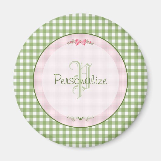 Girly Green Gingham Monogram met naam Magneet (Voorkant)