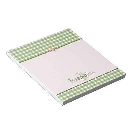Girly Green Gingham Monogram met naam Notitieblok (Schuin)