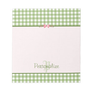 Girly Green Gingham Monogram met naam Notitieblok