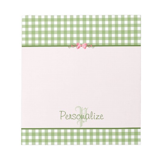 Girly Green Gingham Monogram met naam Notitieblok (Voorkant)