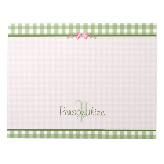 Girly Green Gingham Monogram met naam Notitieblok (Voorkant)