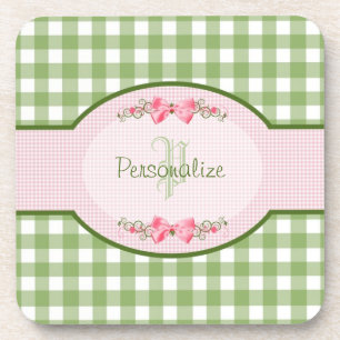 Girly Green Gingham Monogram met naam Onderzetter
