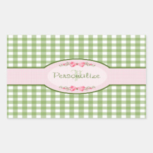 Girly Green Gingham Monogram met naam Rechthoekige Sticker