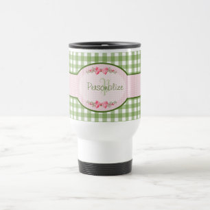 Girly Green Gingham Monogram met naam Reisbeker