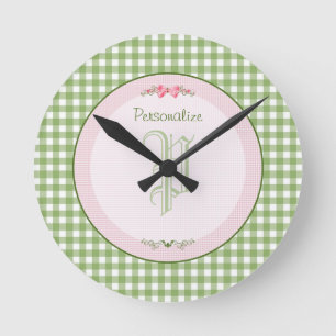 Girly Green Gingham Monogram met naam Ronde Klok