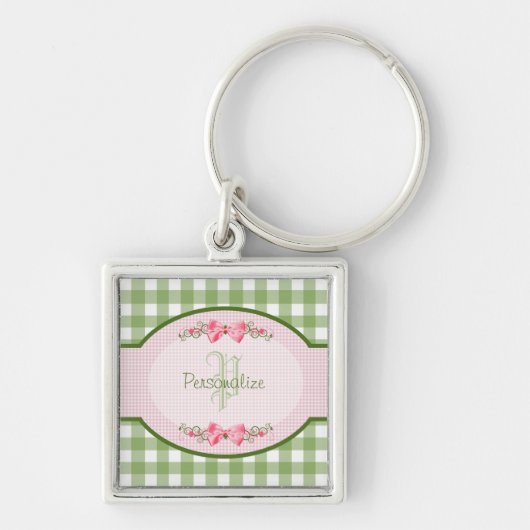 Girly Green Gingham Monogram met naam Sleutelhanger (Voorkant)