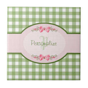Girly Green Gingham Monogram met naam Tegeltje