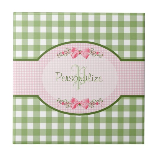 Girly Green Gingham Monogram met naam Tegeltje (Voorkant)