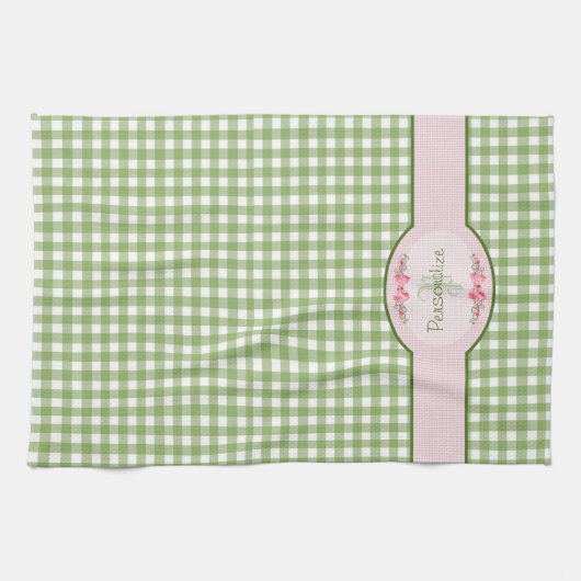 Girly Green Gingham Monogram met naam Theedoek (Horizontaal)