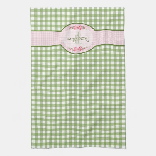 Girly Green Gingham Monogram met naam Theedoek (Verticaal)