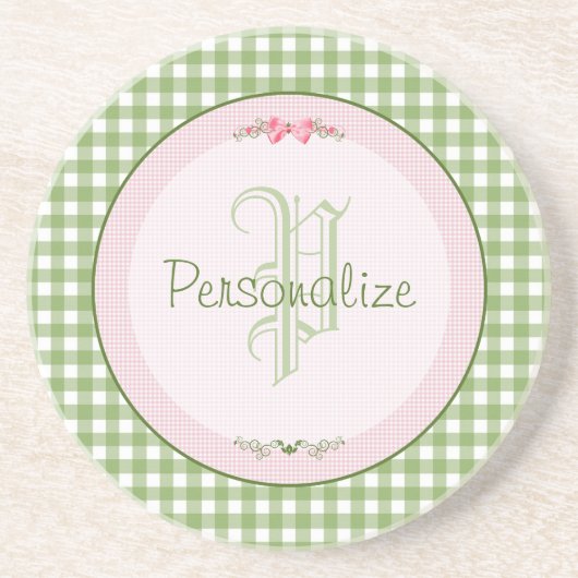 Girly Green Gingham Monogram met naam Zandsteen Onderzetter (Voorkant)