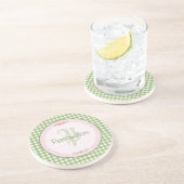 Girly Green Gingham Monogram met naam Zandsteen Onderzetter (Zijkant)
