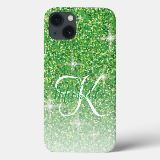 Girly Green Glitter Sparkles Monogram Naam Case-Mate iPhone Case (Achterkant)