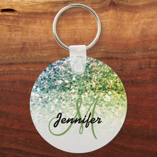 Girly Green Glitter Sparkles Monogram Sleutelhanger (Voorkant)