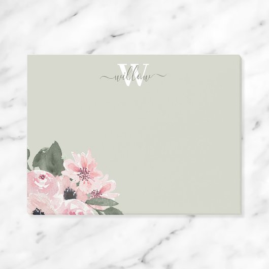 Girly Green Pink Monogram Floral Post-It Notes