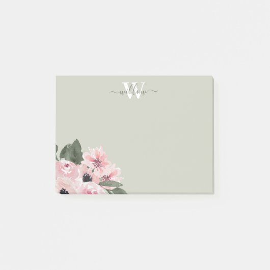 Girly Green Pink Monogram Floral Post-It Notes (Voorkant)