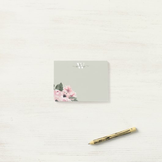 Girly Green Pink Monogram Floral Post-It Notes (Op bureau)
