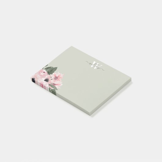 Girly Green Pink Monogram Floral Post-It Notes (Schuin)