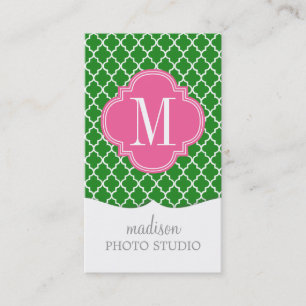 Girly Green & Pink Moroccan Tiles Monogram Visitekaartje