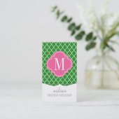 Girly Green & Pink Moroccan Tiles Monogram Visitekaartje (Staand voorkant)