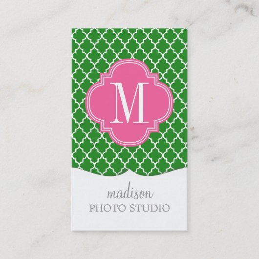 Girly Green & Pink Moroccan Tiles Monogram Visitekaartje (Voorkant)