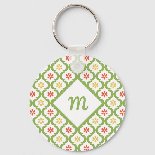 Girly Green Quatrefoil Cute Daisies en Monogram Sleutelhanger (Voorkant)
