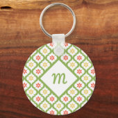 Girly Green Quatrefoil Cute Daisies en Monogram Sleutelhanger (Voorkant)