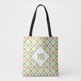 Girly Green Quatrefoil Cute Daisies en Monogram Tote Bag