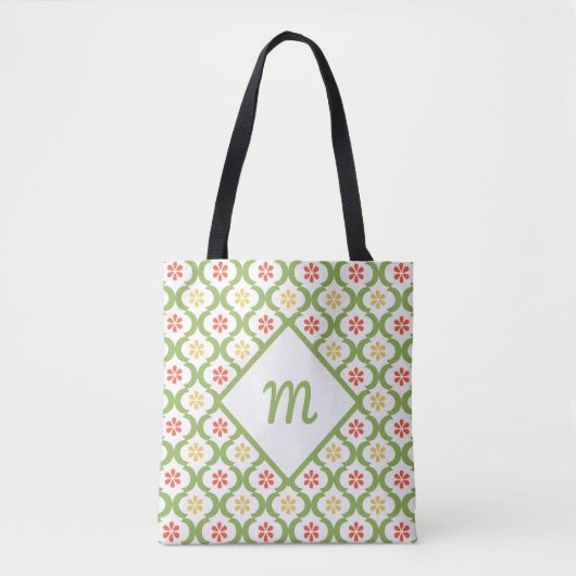 Girly Green Quatrefoil Cute Daisies en Monogram Tote Bag (Voorkant)