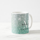 Girly Green Silver Ombre Glitter Monogram Naam Koffiemok (Voorkant rechts)