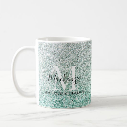 Girly Green Silver Ombre Glitter Monogram Naam Koffiemok (Links)