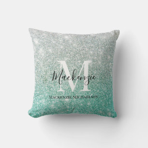 Girly Green Silver Ombre Glitter Monogram Naam Kussen