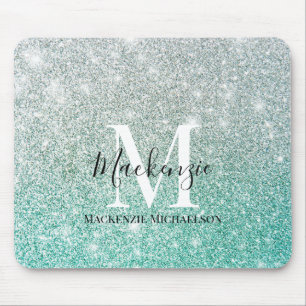 Girly Green Silver Ombre Glitter Monogram Naam Muismat