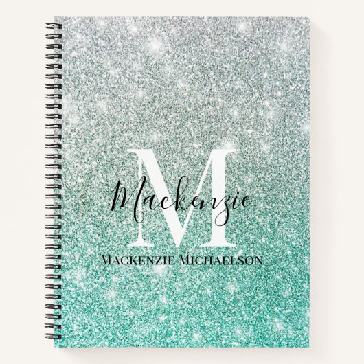 Girly Green Silver Ombre Glitter Monogram Naam Notitieboek (Voorkant)