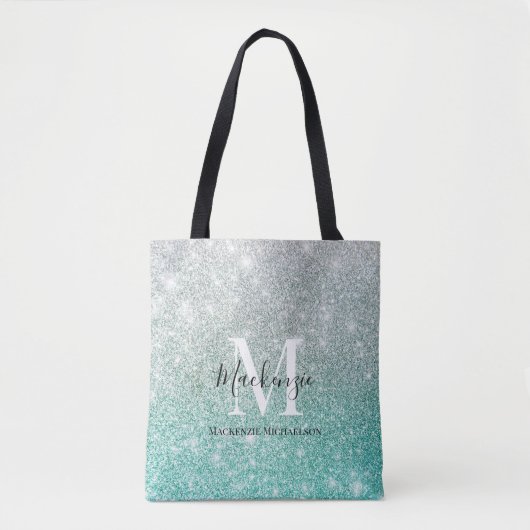 Girly Green Silver Ombre Glitter Monogram Naam Tote Bag (Voorkant)