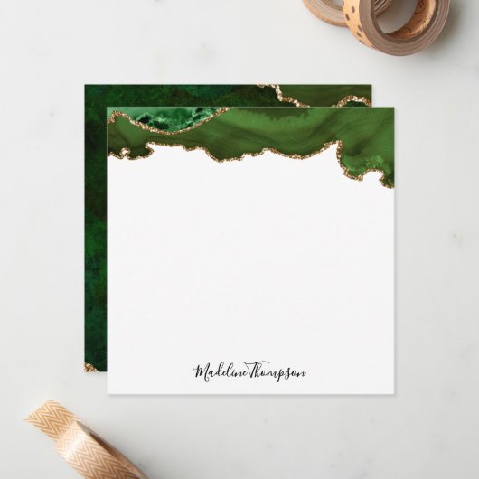 Girly Green Velvet Agate Geode Script Square Notitiekaartje (Voorkant / Achterkant in situ)