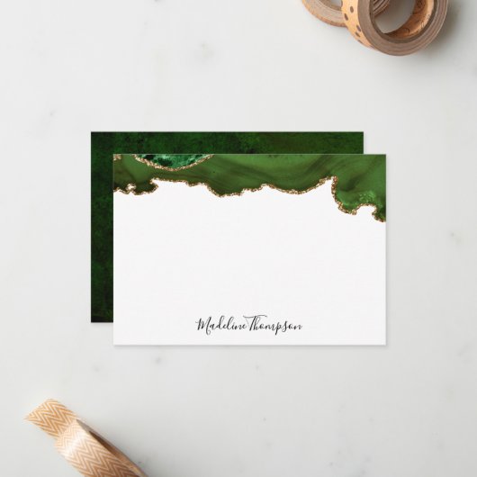 Girly Green Velvet Agate Geode Script Typografie 2 Notitiekaartje (Voorkant / Achterkant in situ)